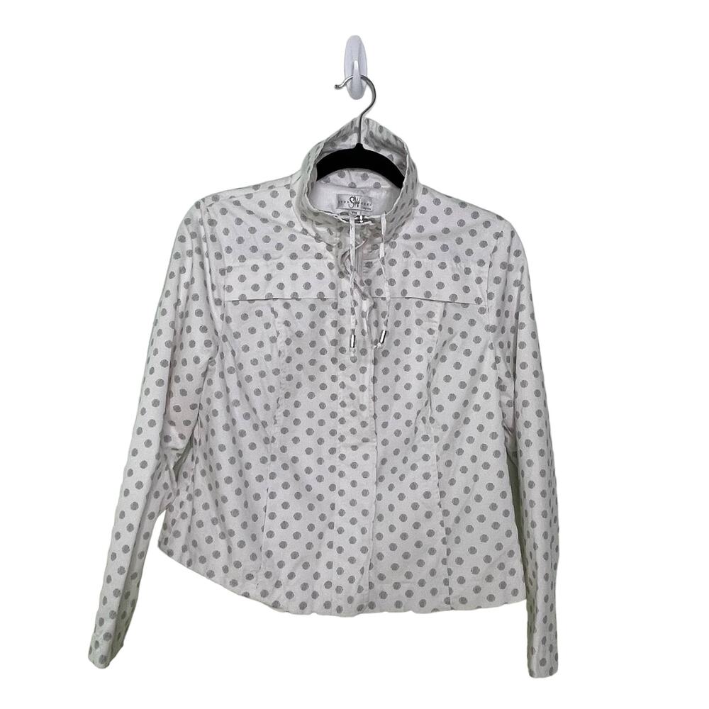 Studio Works Full Zip Jacket Polka Dot High Neck Cotton‎ White Gray Petite PM